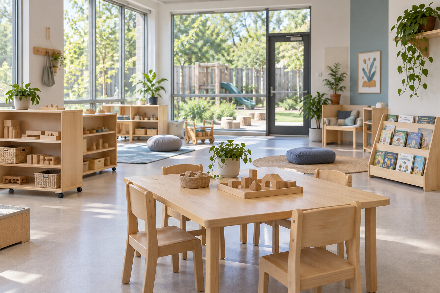 Salle éducative lumineuse avec mobilier adapté aux enfants