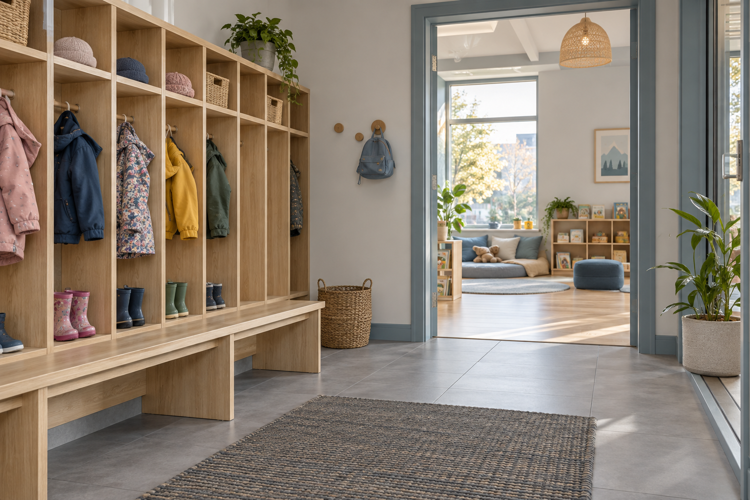 Vestiaire accueillant et espace de lecture dans une garderie